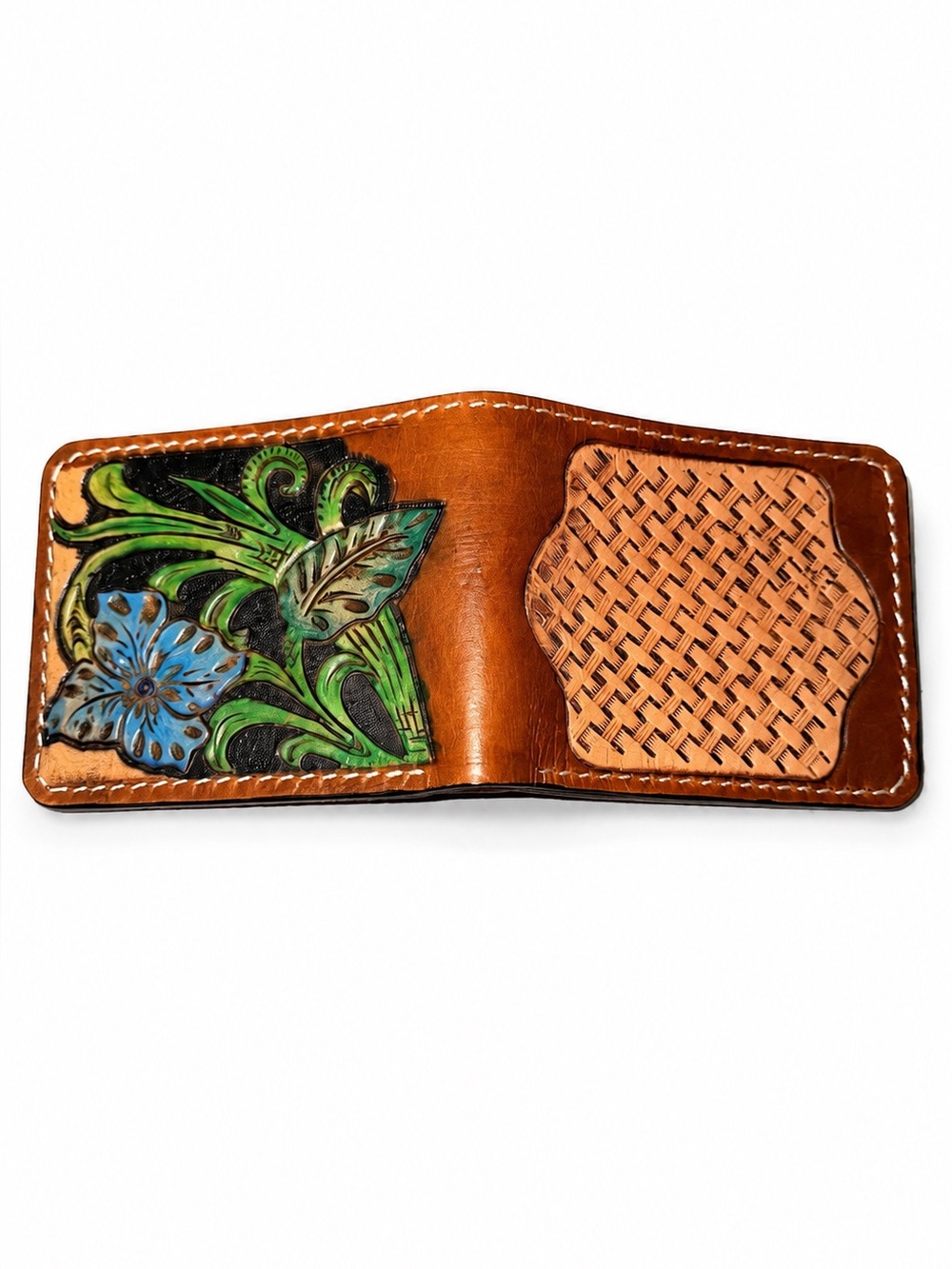 Hand-Tooled Leather Bifold Wallet Basketweave Design Brown floral